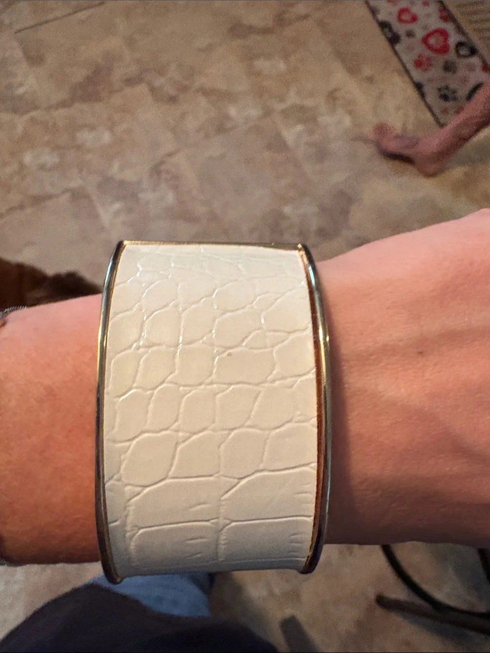 White Croc-Embossed Cuff Bracelet with Green Turtle Accents